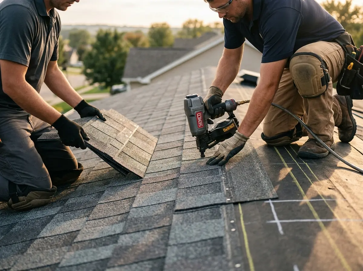 Professional roofer working on a residential roof in Conneaut